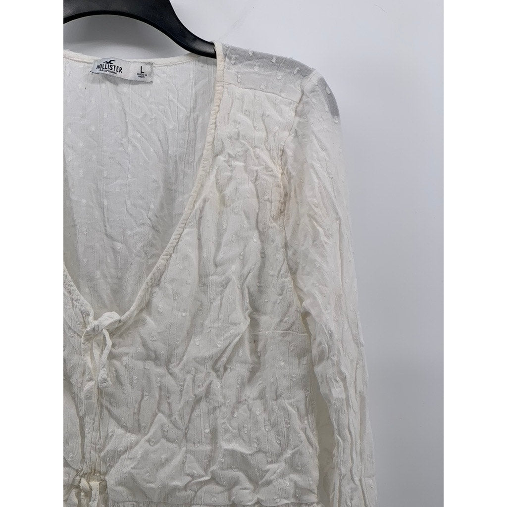 HOLLISTER CO Women's White Swiss Dot Long Sleeve Tie-Front V-Neck Top SZ L