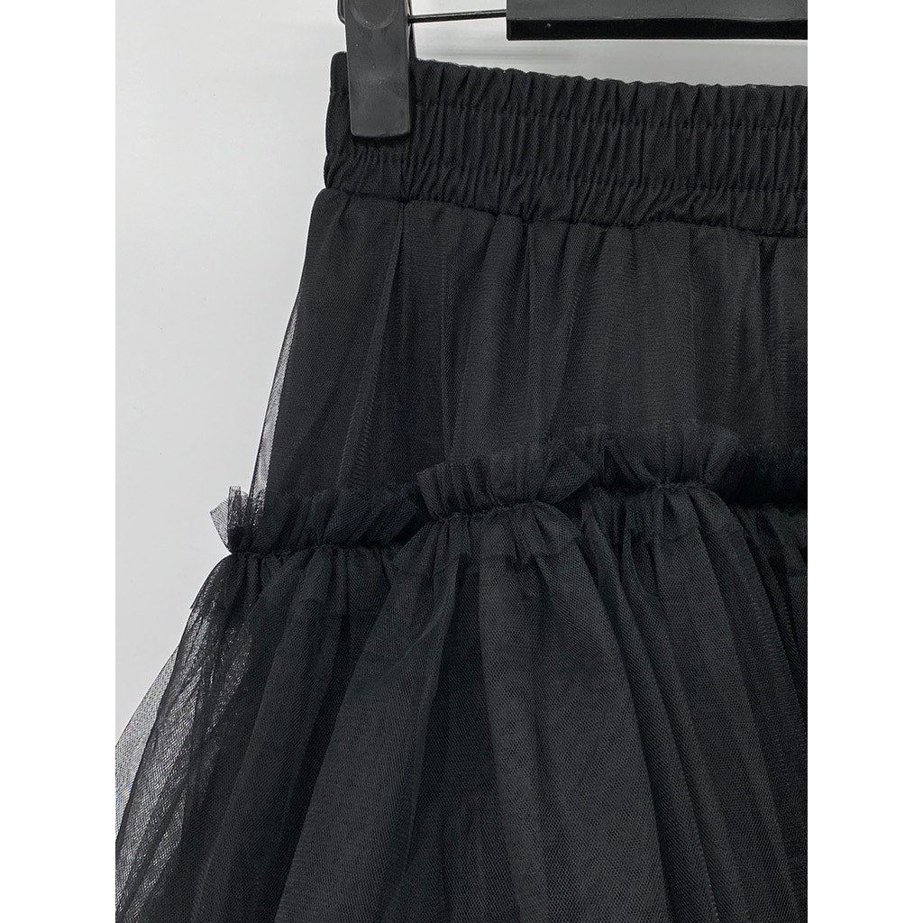 BEULAHSTYLE Women's Black Ruffle Mesh Tiered Midi Skirt SZ S