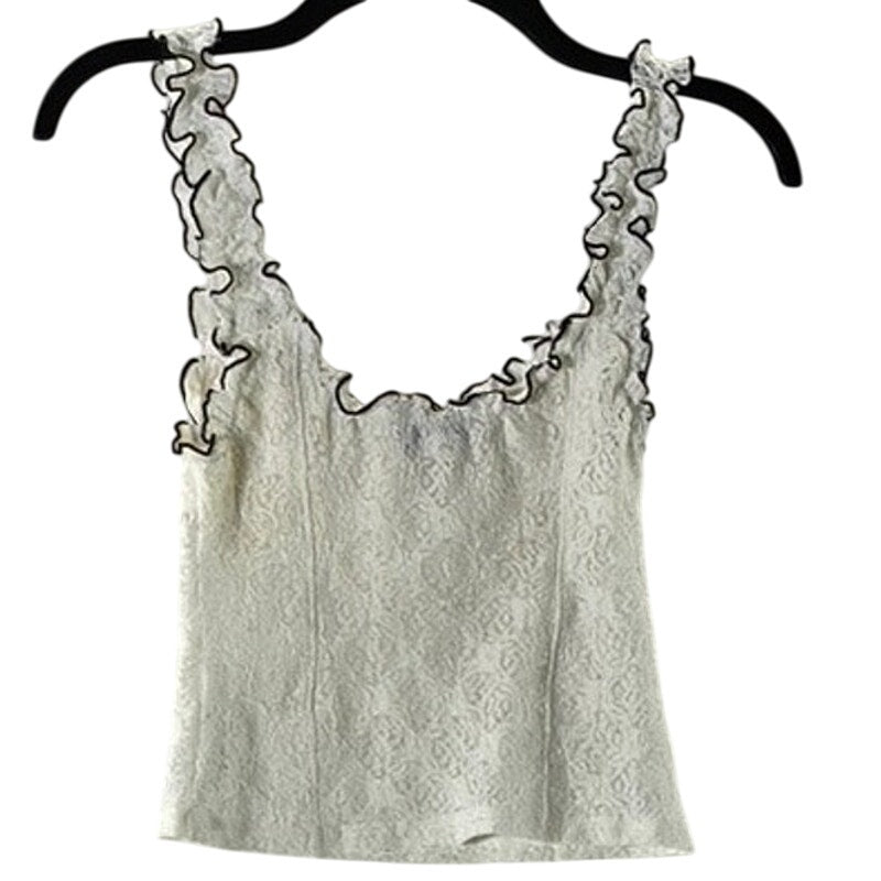 URBAN OUTFITTERS Women's White/Black Lettuce-Trim Floral Lace Tie-Front Top SZ S