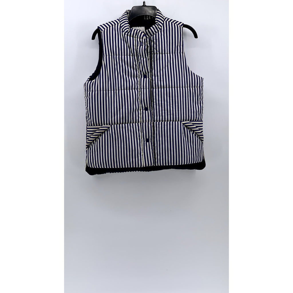 FREE ASSEMBLY Women's Blue-White Striped Snap-Button Puffer Quilted Vest SZ S