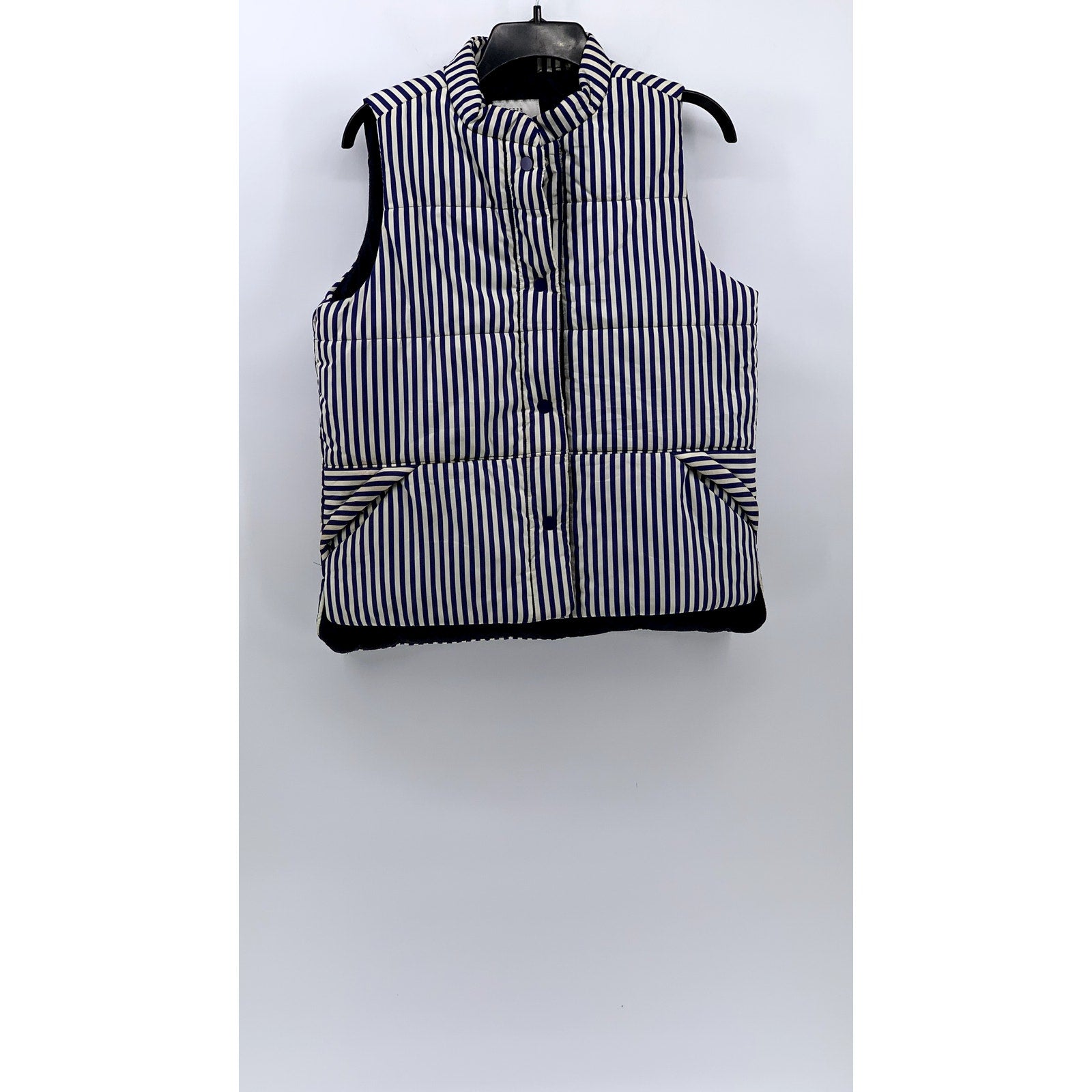 FREE ASSEMBLY Women's Blue-White Striped Snap-Button Puffer Quilted Vest SZ S