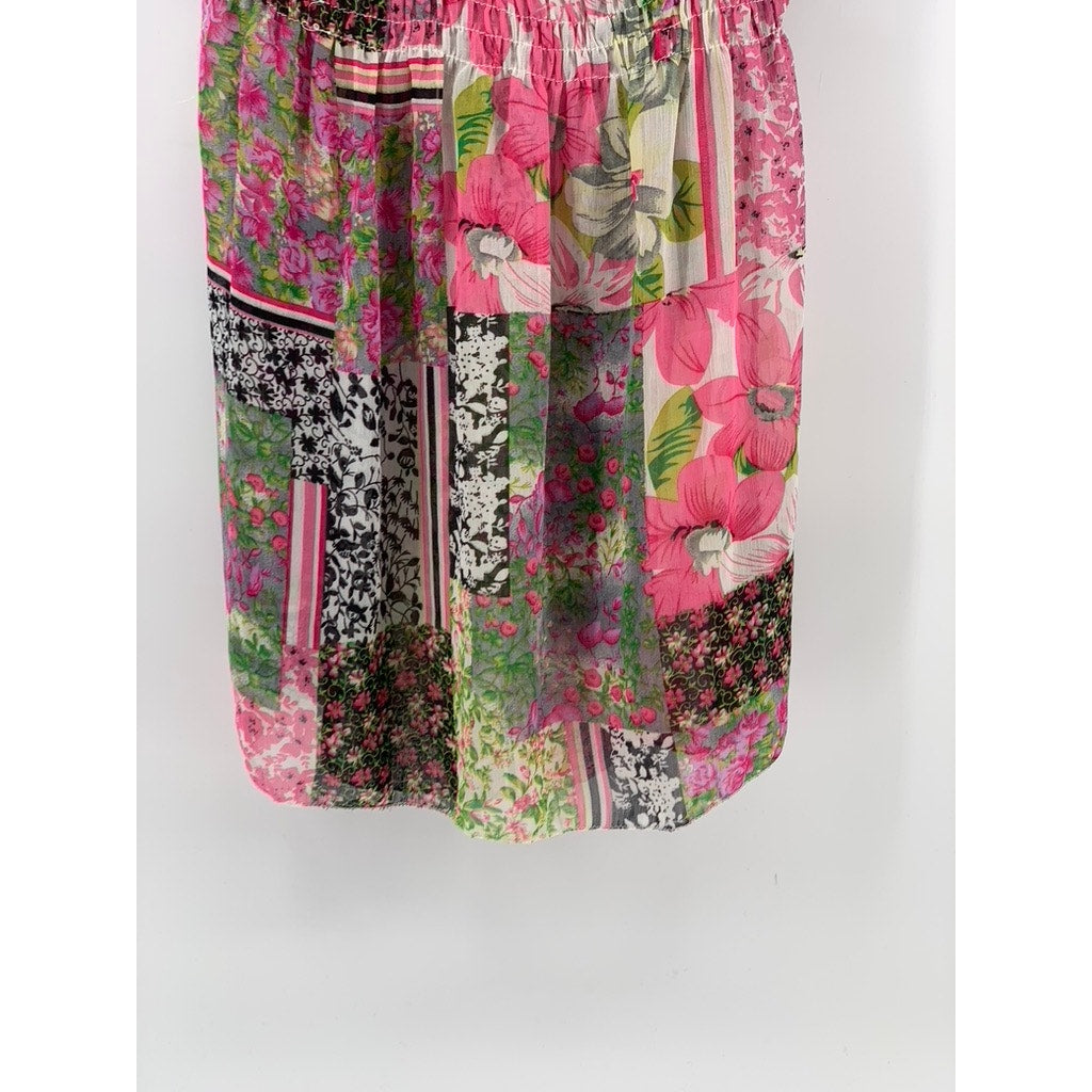 UNBRANDED Women's Pink-Green Multi Printed Puff-Short Sleeve A-Line Dress SZ S