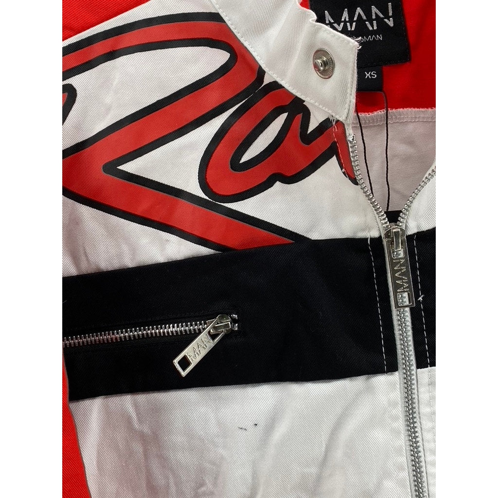 BOOHOOMAN Men's White-Red-Black Boxy Twill Funnel Neck Moto Jacket SZ XS