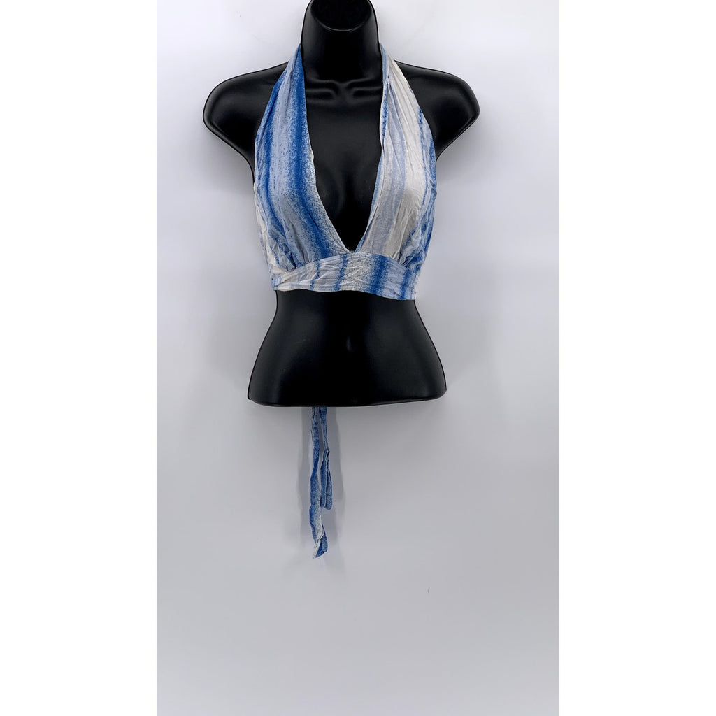 UNBRANDED Women's Blue Printed V-Neck Tie-Neck/Back Cropped Top SZ OS