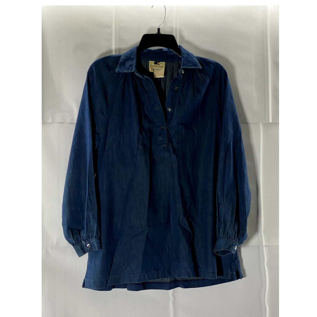 CALVIN KLEIN Women's Blue Denim Long Sleeve Polo-Collar Blouse SZ 3(S)