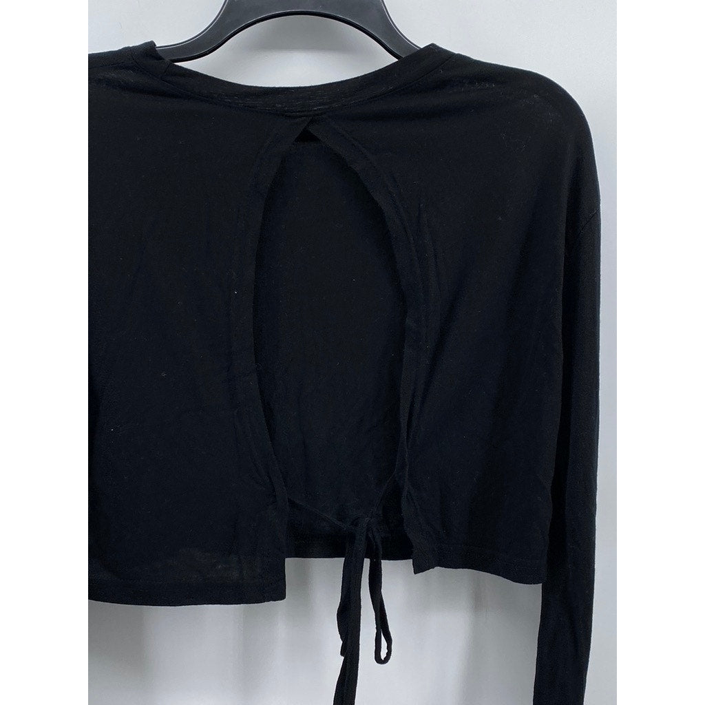 UNBRANDED Women's Black Crewneck Long Sleeve Tie-Back Keyhole Cropped Top SZ S