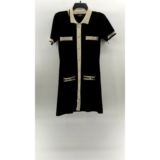 CIDER Women's Black-Beige Faux Pearl Button-Front Knit Mini Dress SZ S(US4)