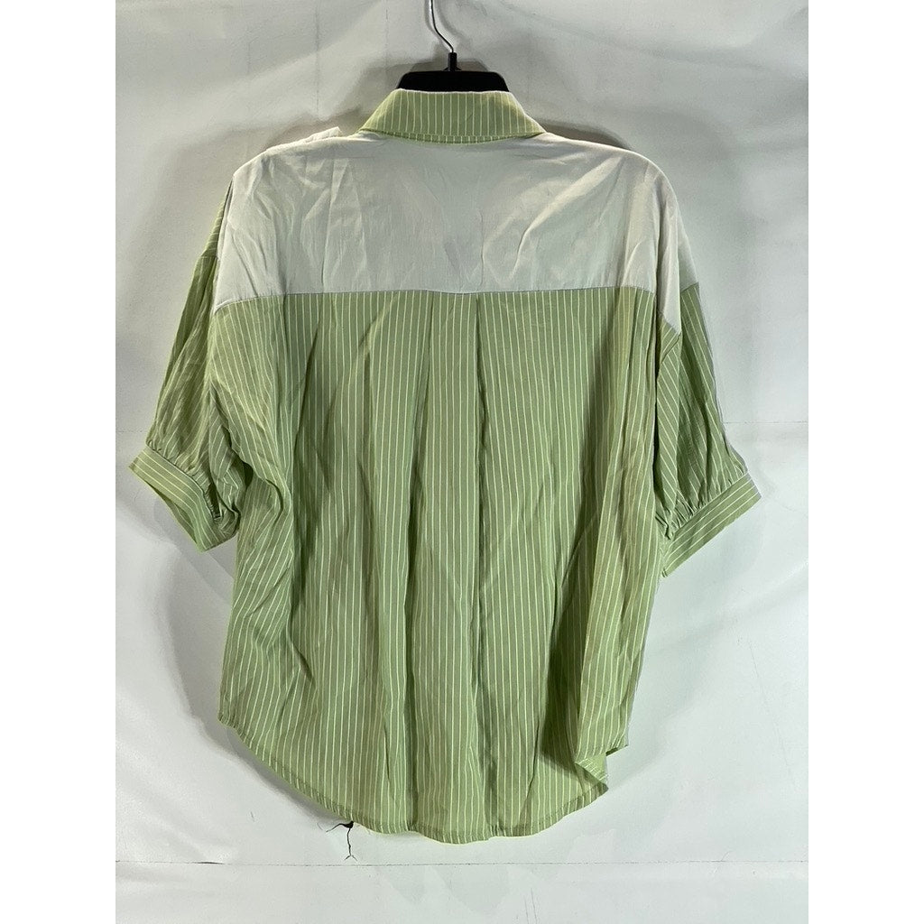 UNBRANDED Women's Green/White Pinstripe Preppy Over Shoulder Tie Top SZ XL