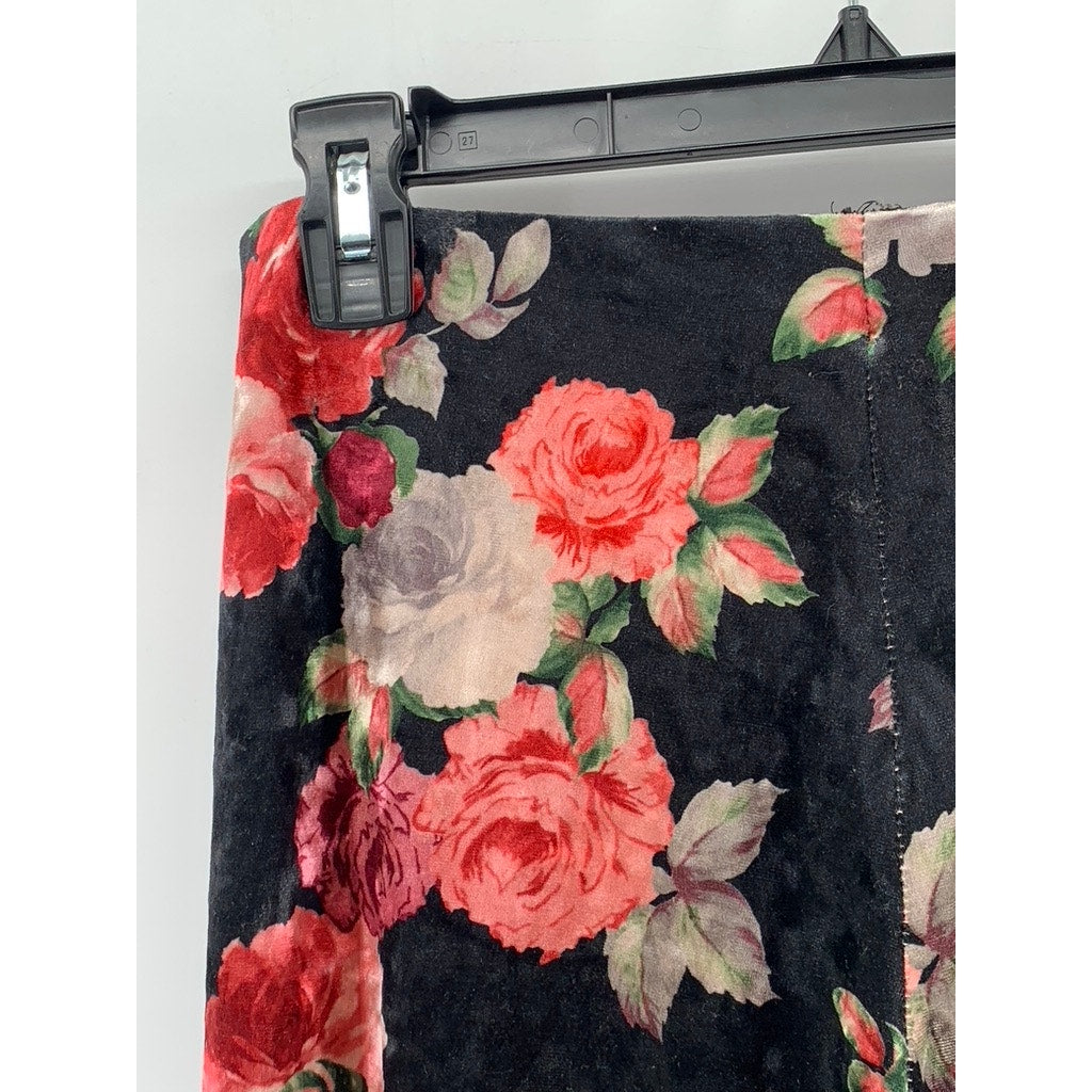 NALLY & MILLIE Women's Black Velour Floral Pull-On Elastic Waist Pants SZ XS