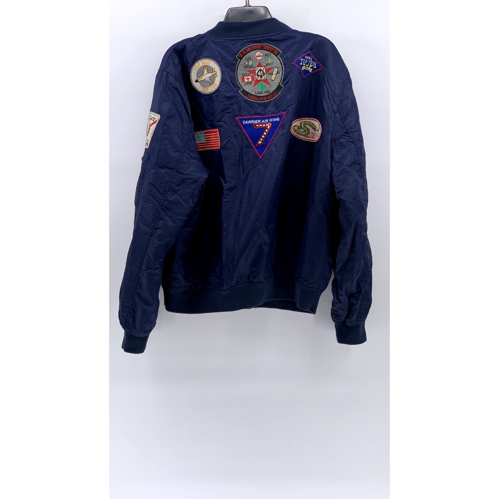NEO-WOWS Men's Navy Vintage Patchwork Zip-Up Bomber Jacket SZ L
