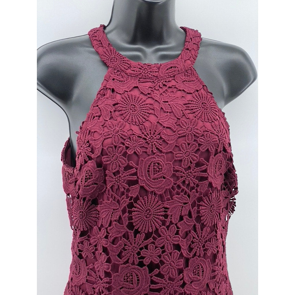 LULUS Women's Burgundy High-Neck Lace Sleeveless Mini Dress SZ M