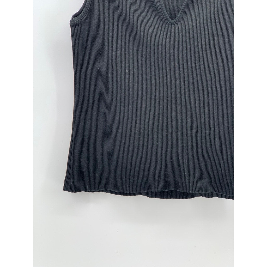 UNBRANDED Women's Black Rib Knit Sleeveless Split Neck Polo Cropped Top SZ S