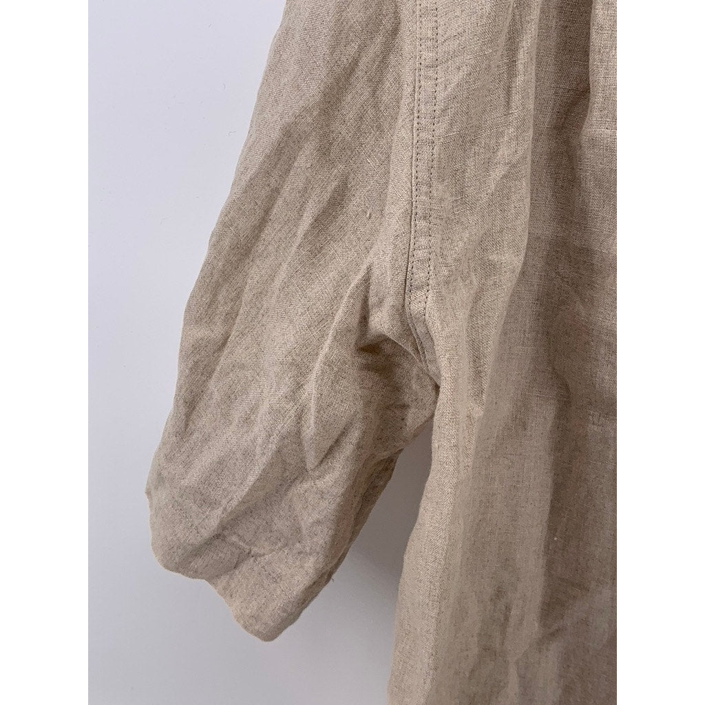 MUJI Men's Light Brown Linen Regular-Fit Button-Up Short Sleeve Shirt SZ L