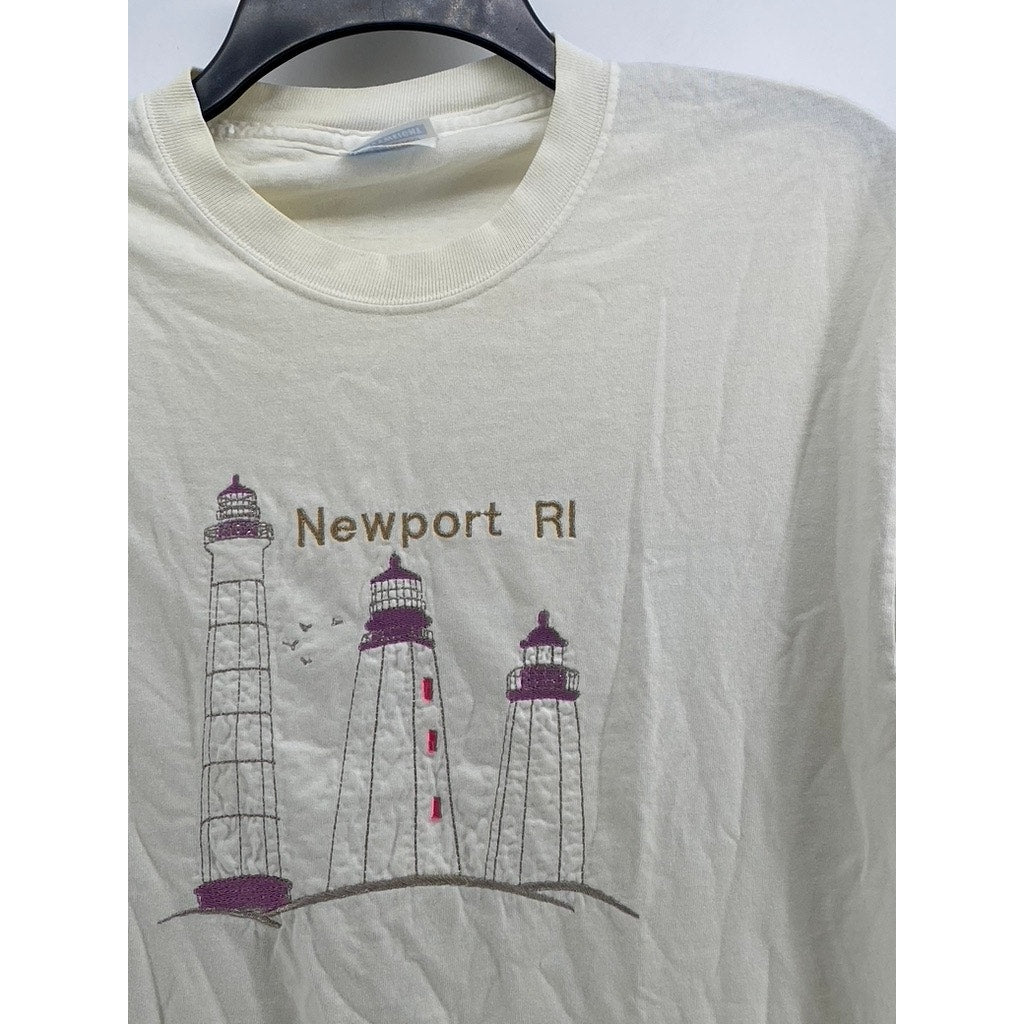 HANES Men's Off-White Newport Lighthouse Short Sleeve T-Shirt SZ M