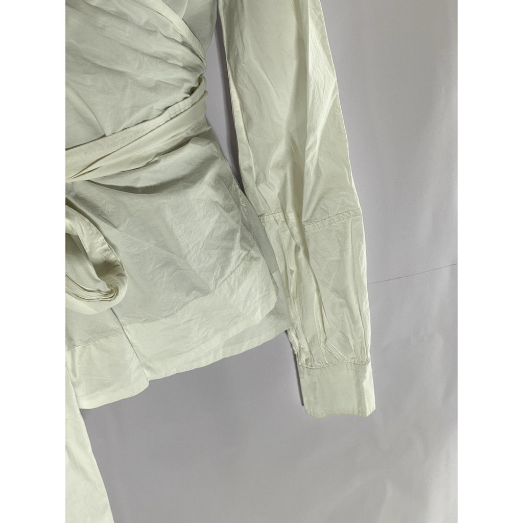 GANNI Women's White V-Neck Long Sleeve Wrap Poplin Top SZ 36(S)