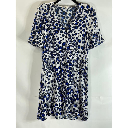 WHISTLES Women's Blue Brushed Leopard Button V-Neck Short Sleeve Dress SZ 8