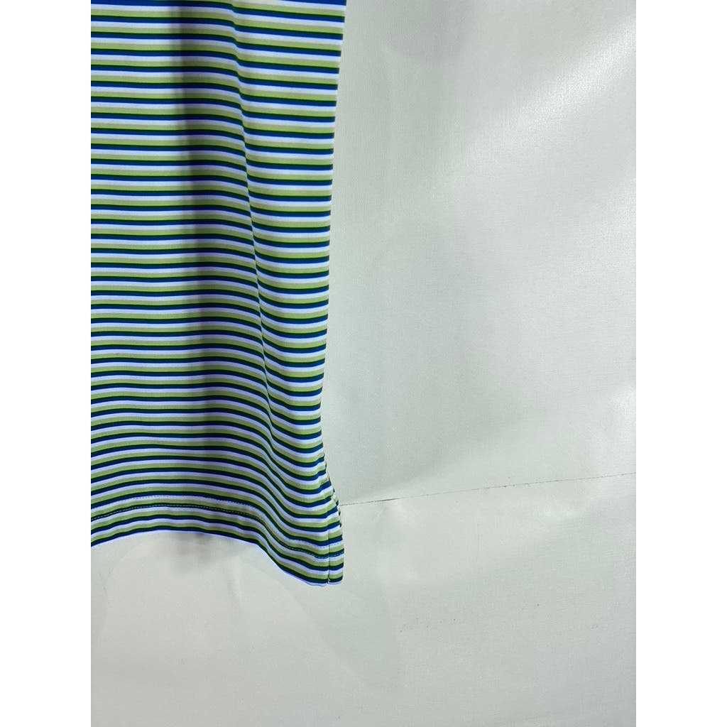 LANDS' END Men's Green/Blue Striped Shoe Graphic Short Sleeve Polo SZ M