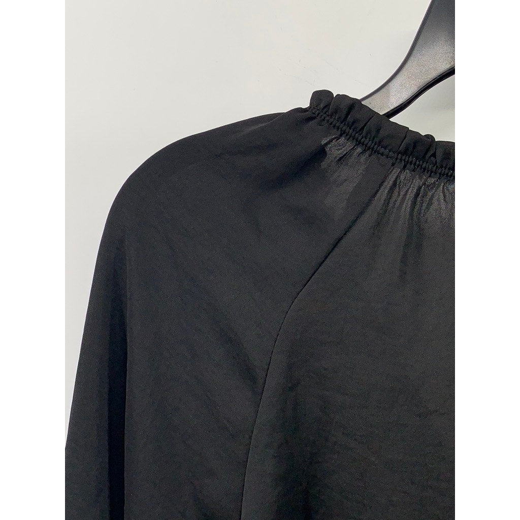 EIGHT SIXTY Women's Black Sheer Ruffle Long Sleeve Tie-Neck Top SZ S