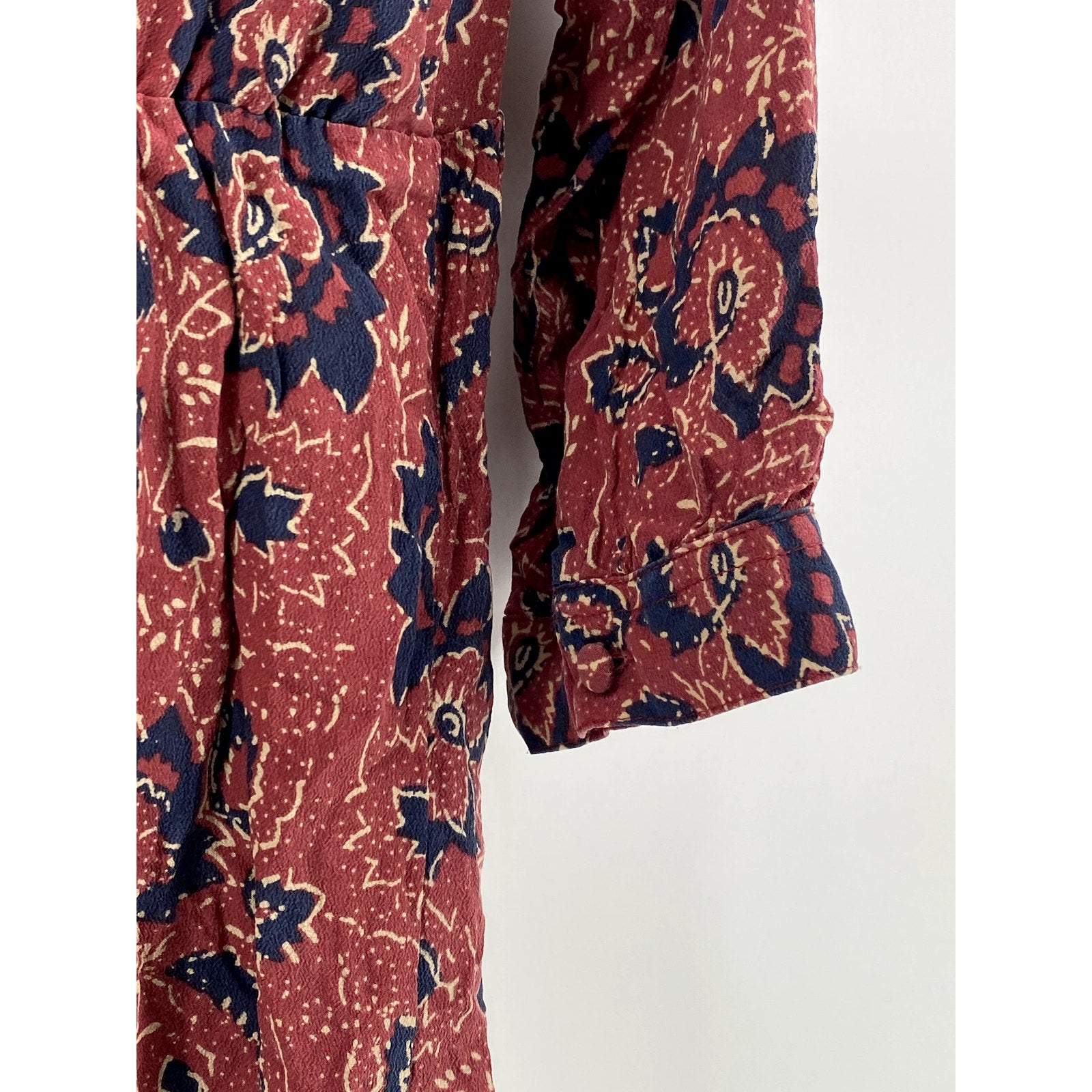 MADEWELL Women's Red Floral Silk Lace-Up V-Neck Long Sleeve A-Line Dress SZ S