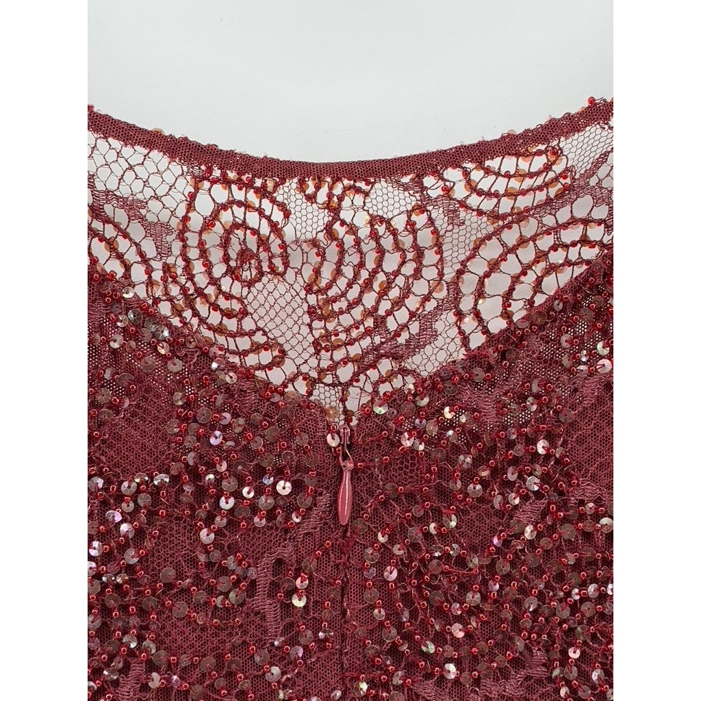 UNBRANDED Women's Burgundy Beaded Mesh Cold Shoulder Short Sleeve Dress SZ S