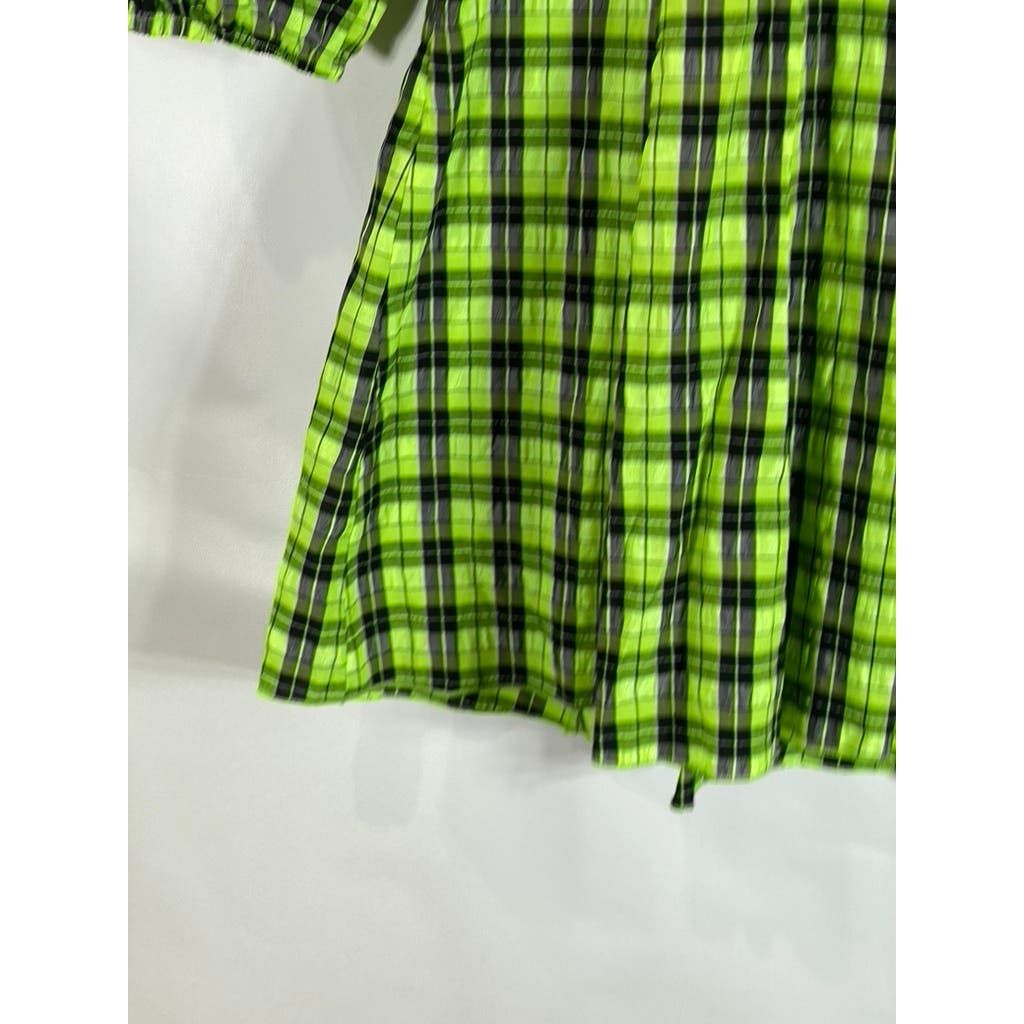 CIDER Women's Black/Green Neon Plaid V-Neck Long Sleeve Mini Dress SZ S(US4)