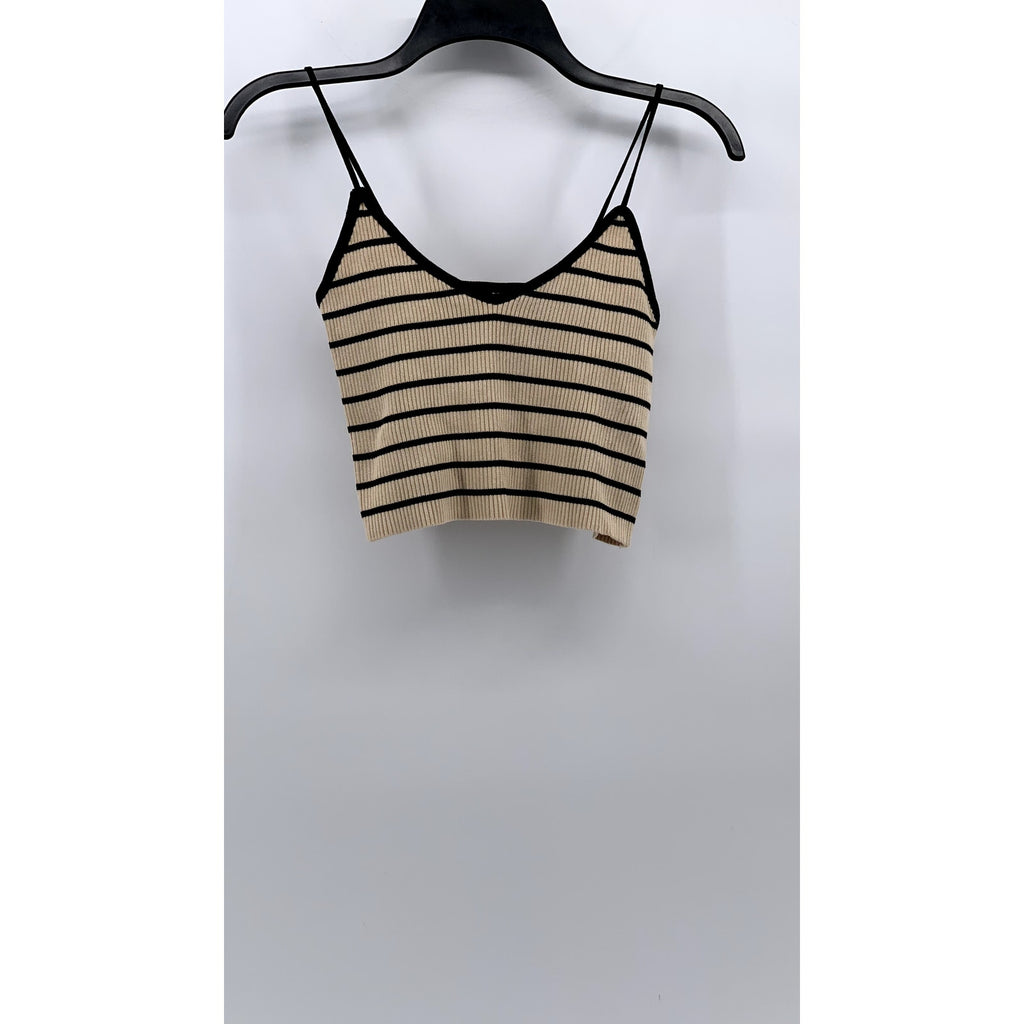 COMMENSE Women's Beige-Black Striped Spaghetti Strap V-Neck Cropped Top SZ L