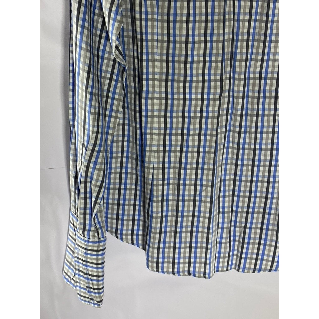 DALVEY Men's Blue-Black Gingham Slim-Fit Button-Up Long Sleeve Shirt SZ 16(M)