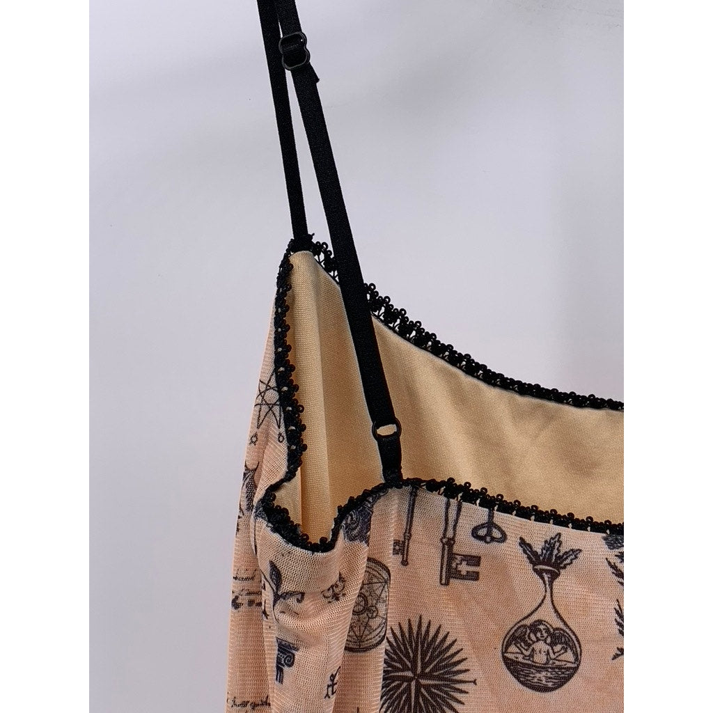 PRINCESS POLLY Women's Black-Beige Printed Scoop-Neck Spaghetti Strap Dress SZ 4