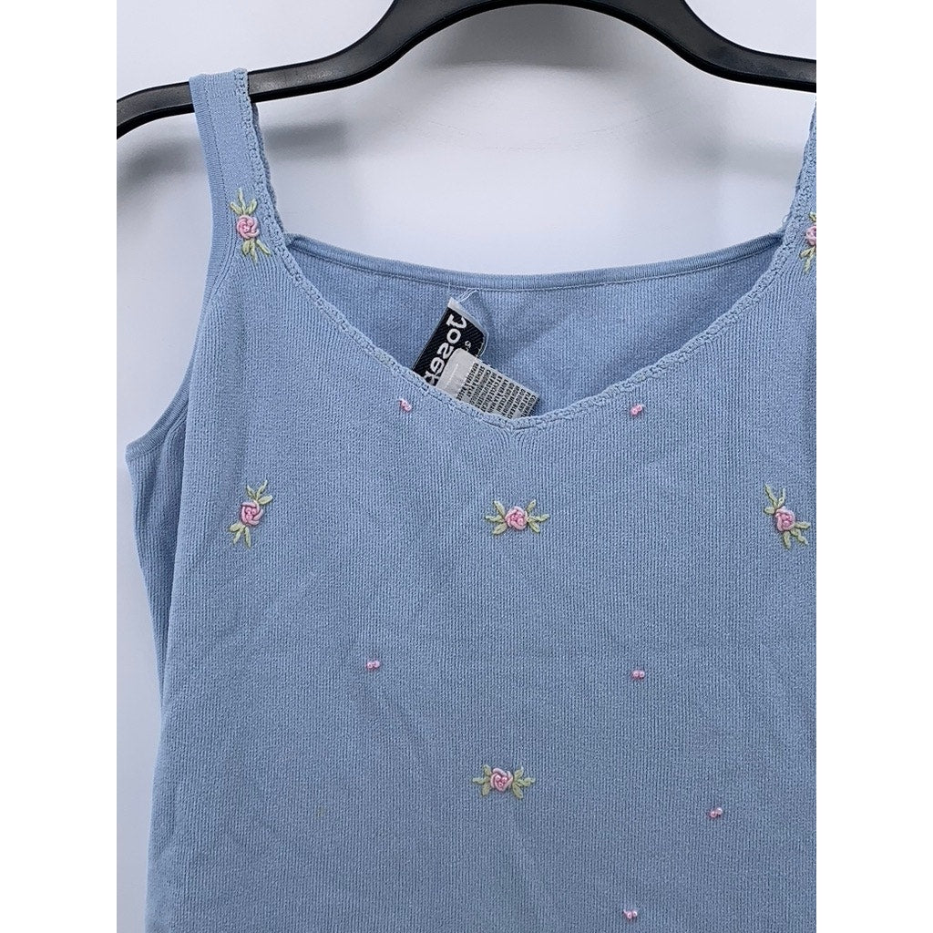 JOSEPH A. Women's Light Blue Scoop-Neck Knit Embroidered Floral Tank Top SZ L