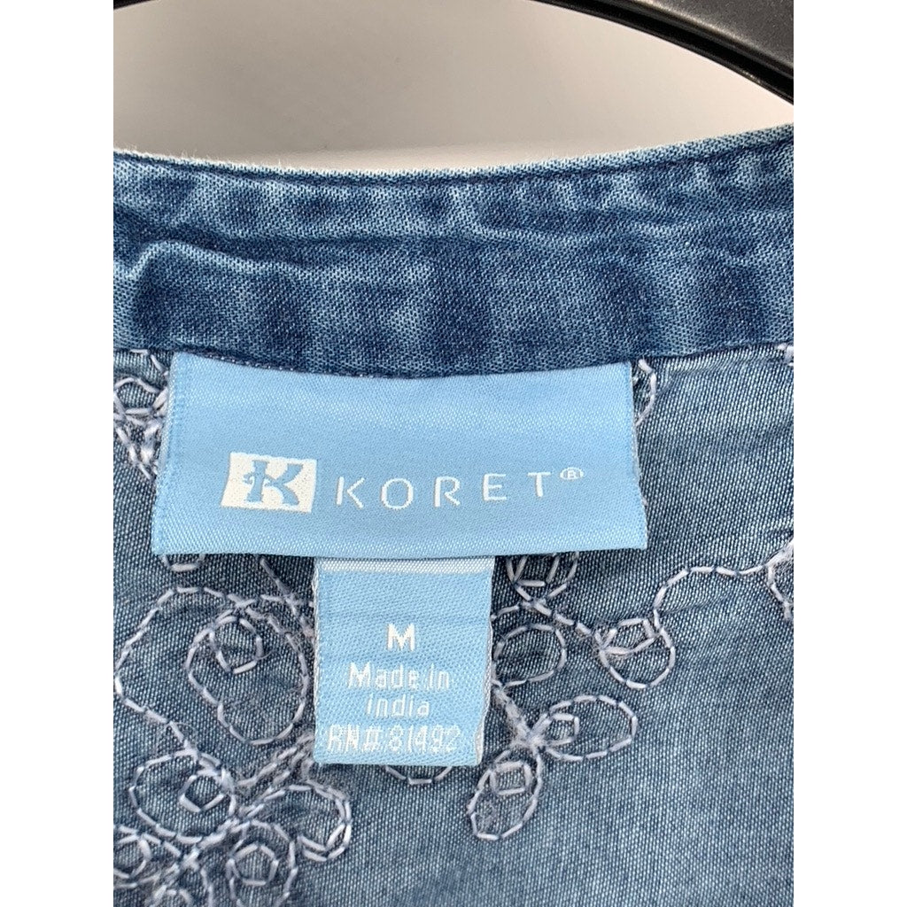 KORET Women's Blue Embroidered Split-Neck Long Sleeve Top SZ M