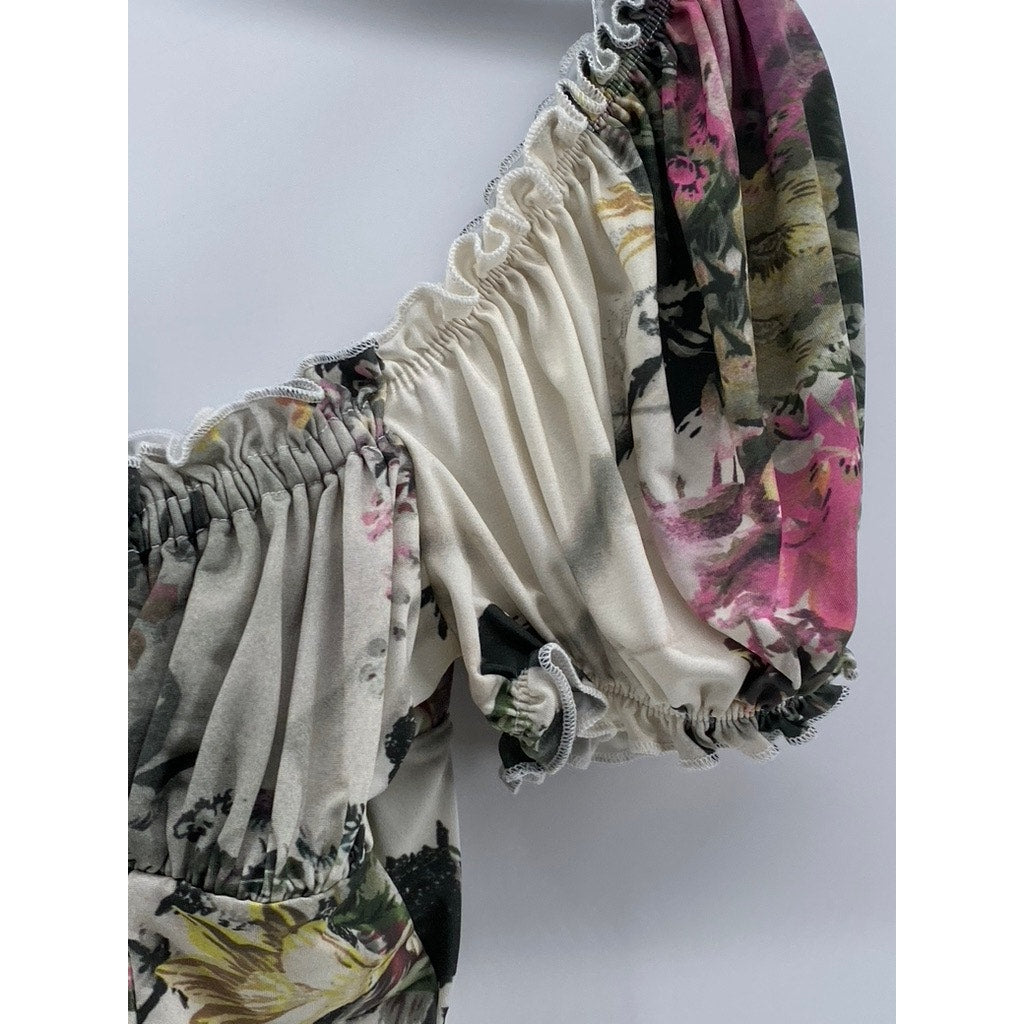 URBAN OUTFITTERS Women's White Floral Ruffle Corset Cropped Top SZ XS