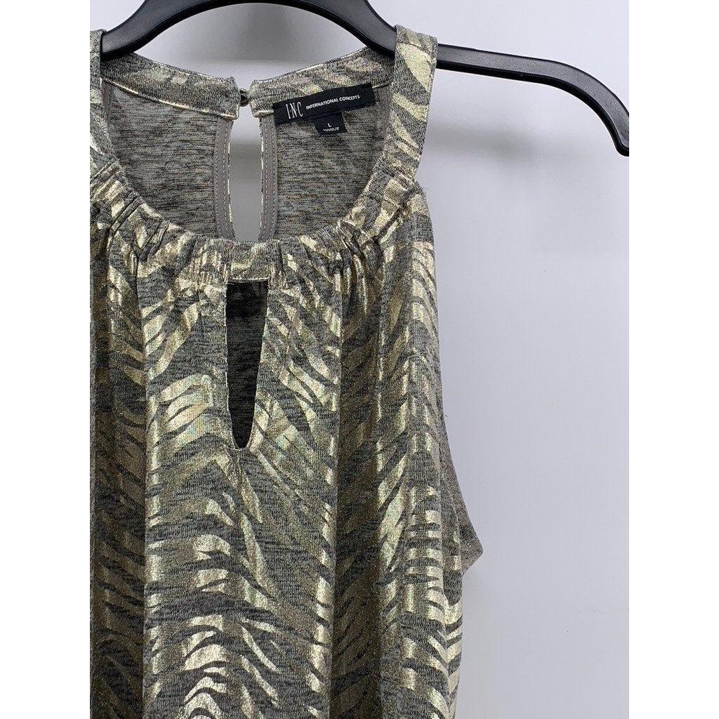 INC INTERNATIONAL CONCEPTS Women's Gray-Gold Metallic Animal Print Top SZ L
