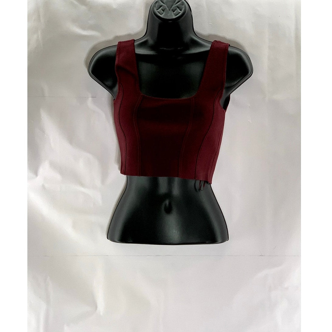 ZARA Women's Burgundy Textured Square-Neck Thick Strap Fitted Crop Top SZ S