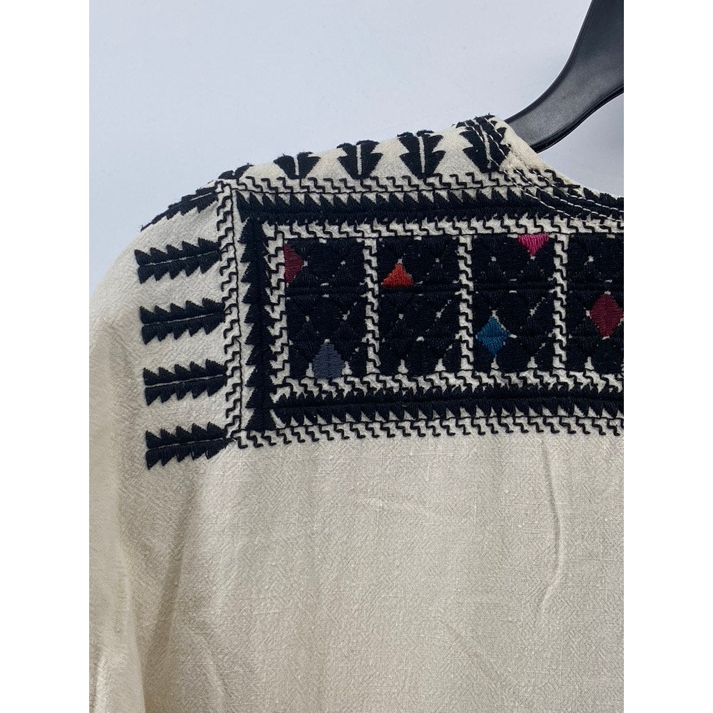 MADEWELL Women's Beige-Black Embroidered Paradise Raw Short Sleeve Dress SZ M