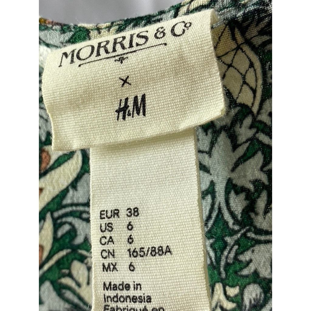 MORRIS & CO X H&M Women's Green Floral Crewneck Long Sleeve Top SZ 6