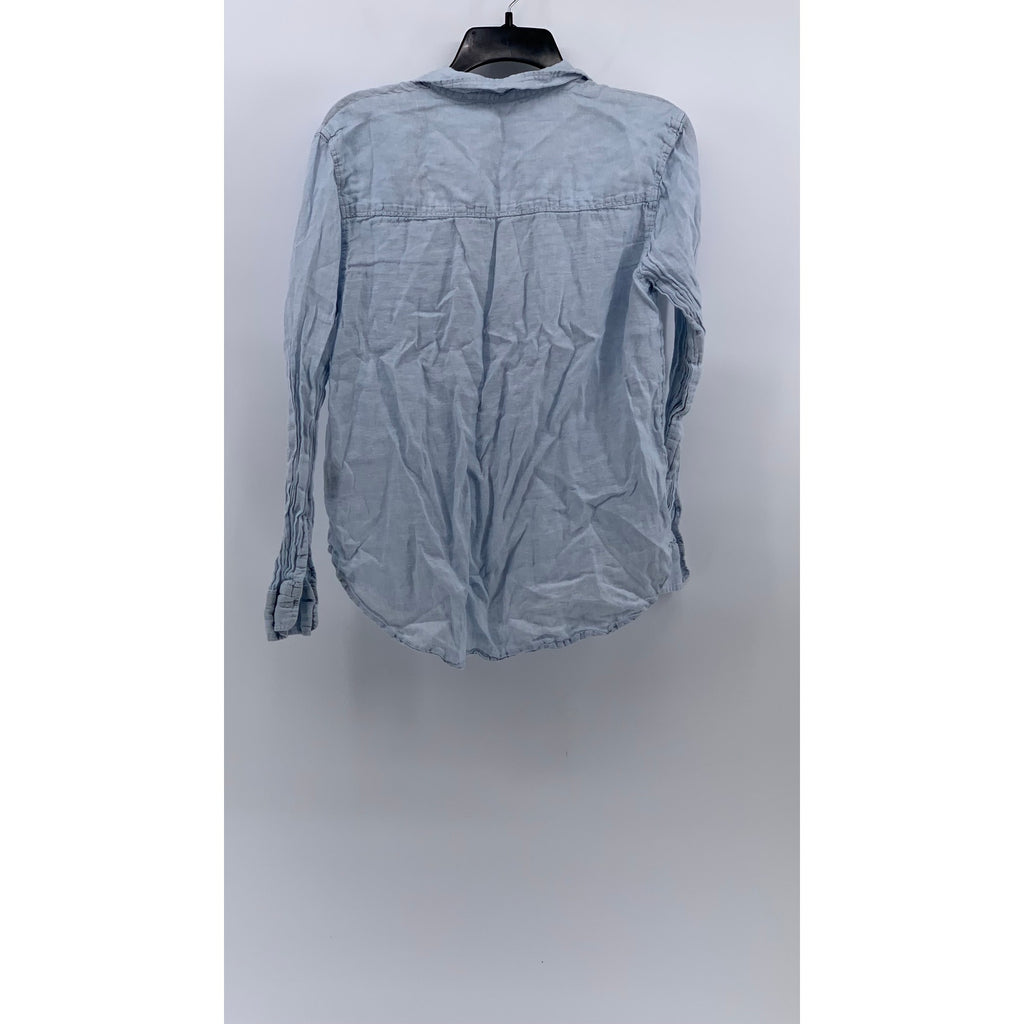 H&M Women’s Light Blue Linen Button-Up Regular-Fit Long Sleeve Top SZ S