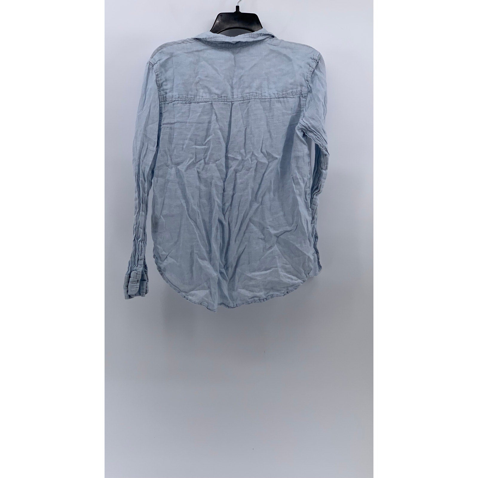 H&M Women’s Light Blue Linen Button-Up Regular-Fit Long Sleeve Top SZ S