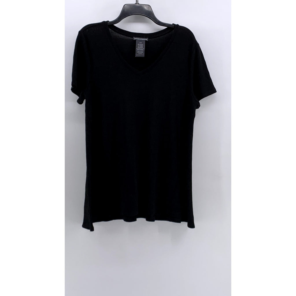 CHELSEA & THEODORE Women's Black Solid Crewneck Short Sleeve Top SZ L