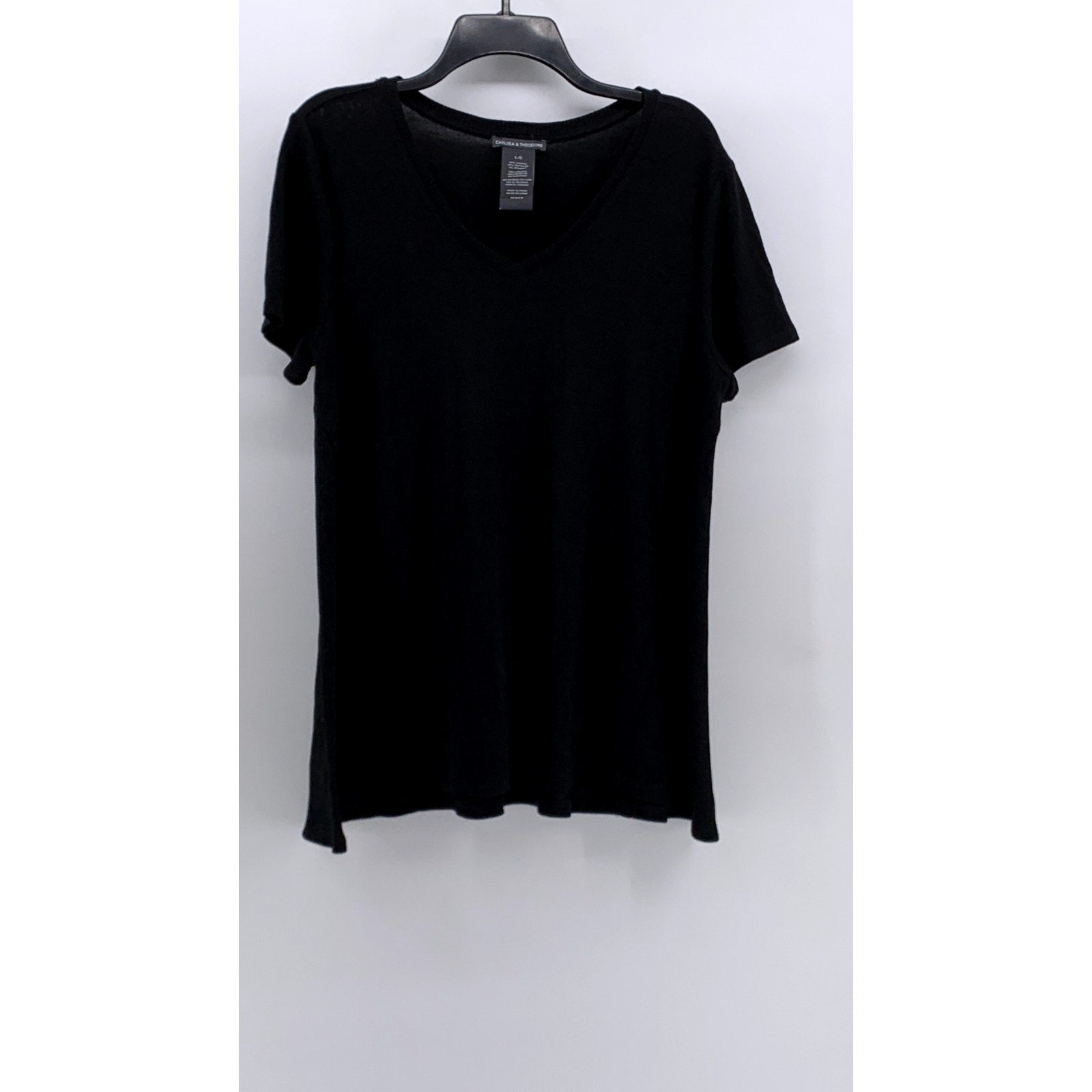 CHELSEA & THEODORE Women's Black Solid Crewneck Short Sleeve Top SZ L