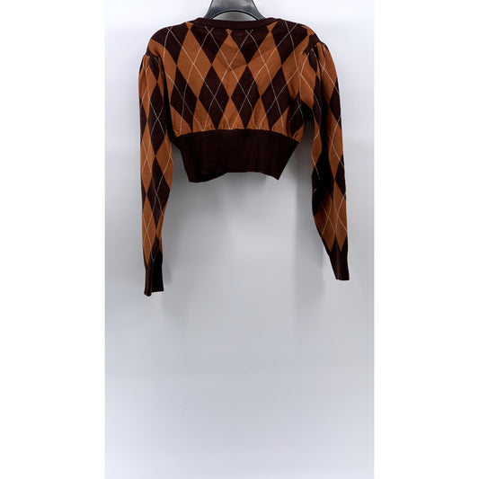APEA Women's Brown-Orange Plaid Puff Long Sleeve Cropped Cardigan SZ M