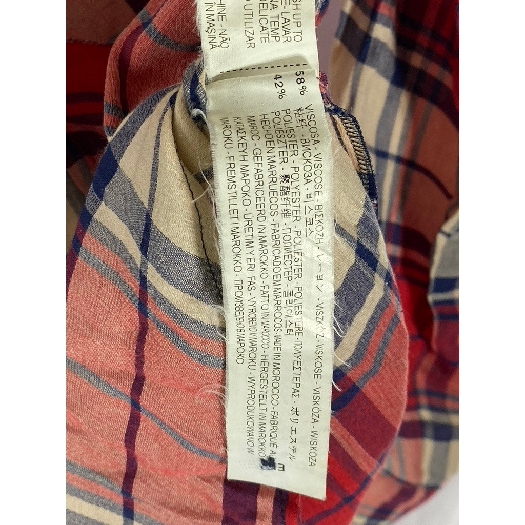 ZARA BASIC Women’s Red Plaid Regular-Fit Button-Up Long Sleeve Top SZ L