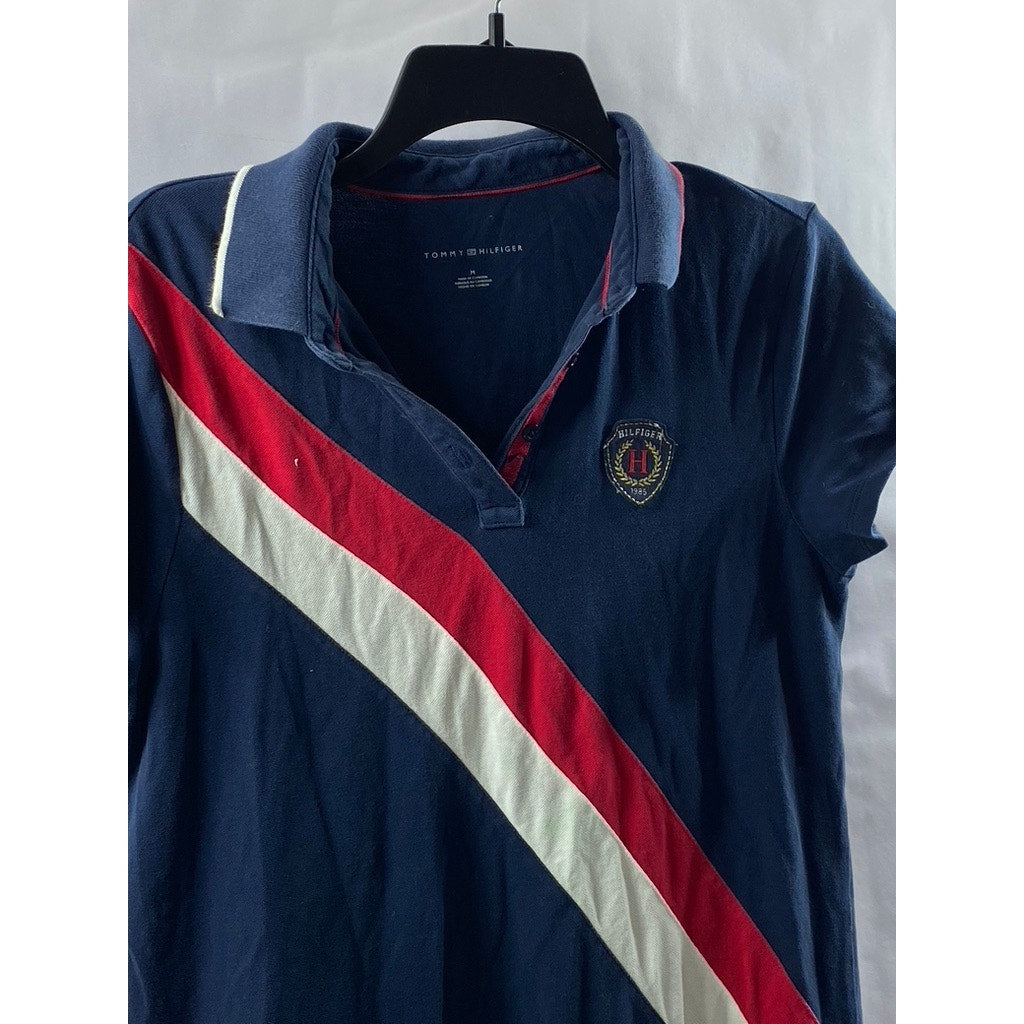 TOMMY HILFIGER Women's Navy Banner Stripe Short Sleeve Polo Mini Dress SZ M