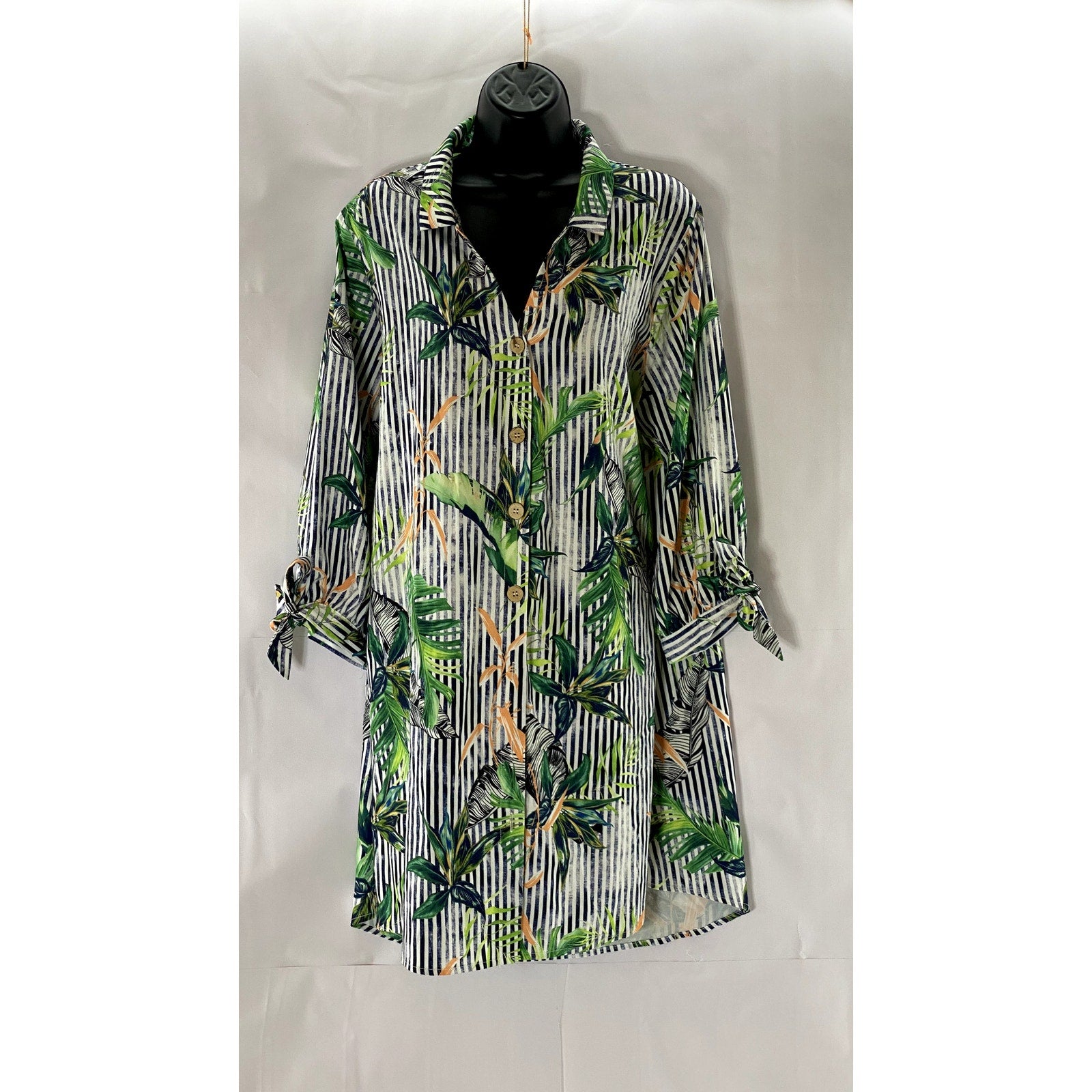 CUPSHE Women's White Striped Hawaiian Tropical Tie-Sleeve Cover-Up Dress SZ L