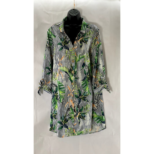 CUPSHE Women's White Striped Hawaiian Tropical Tie-Sleeve Cover-Up Dress SZ L