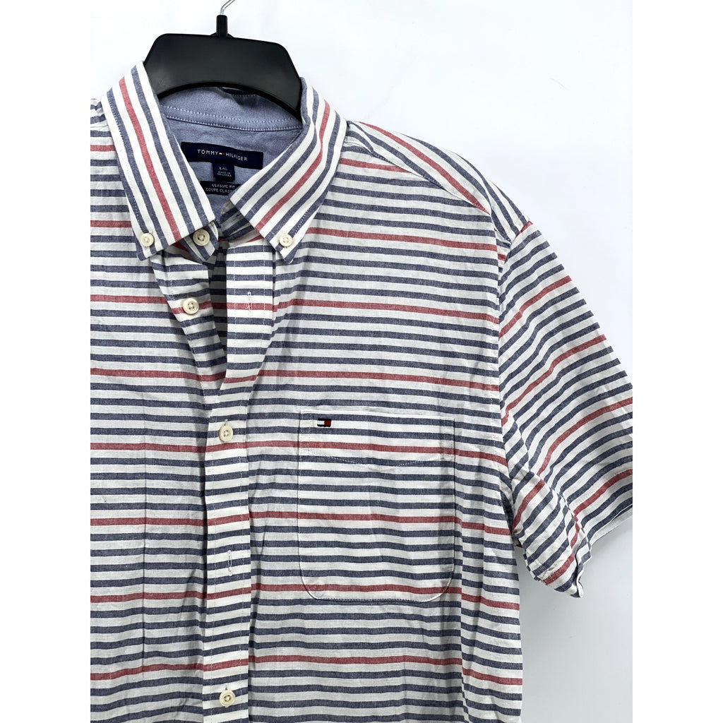 TOMMY HILFIGER Men's Blue-Red Striped Classic-Fit Button-Up Shirt SZ L