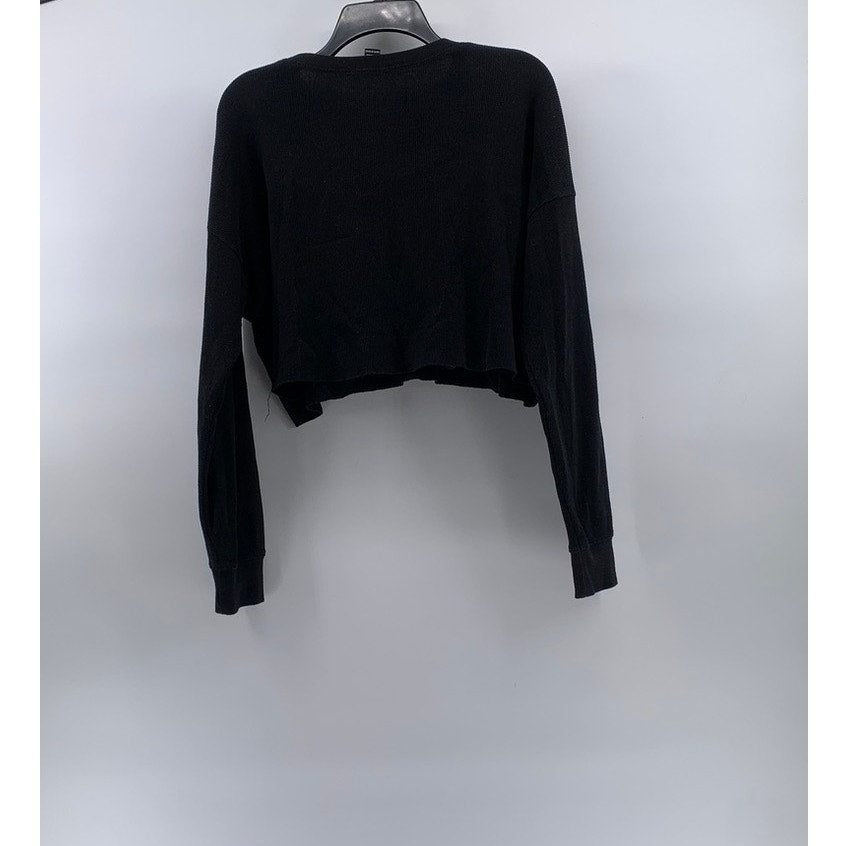 FOREVER 21 Women's Black-Yellow Striped Thermal Long Sleeve Cropped Top SZ S