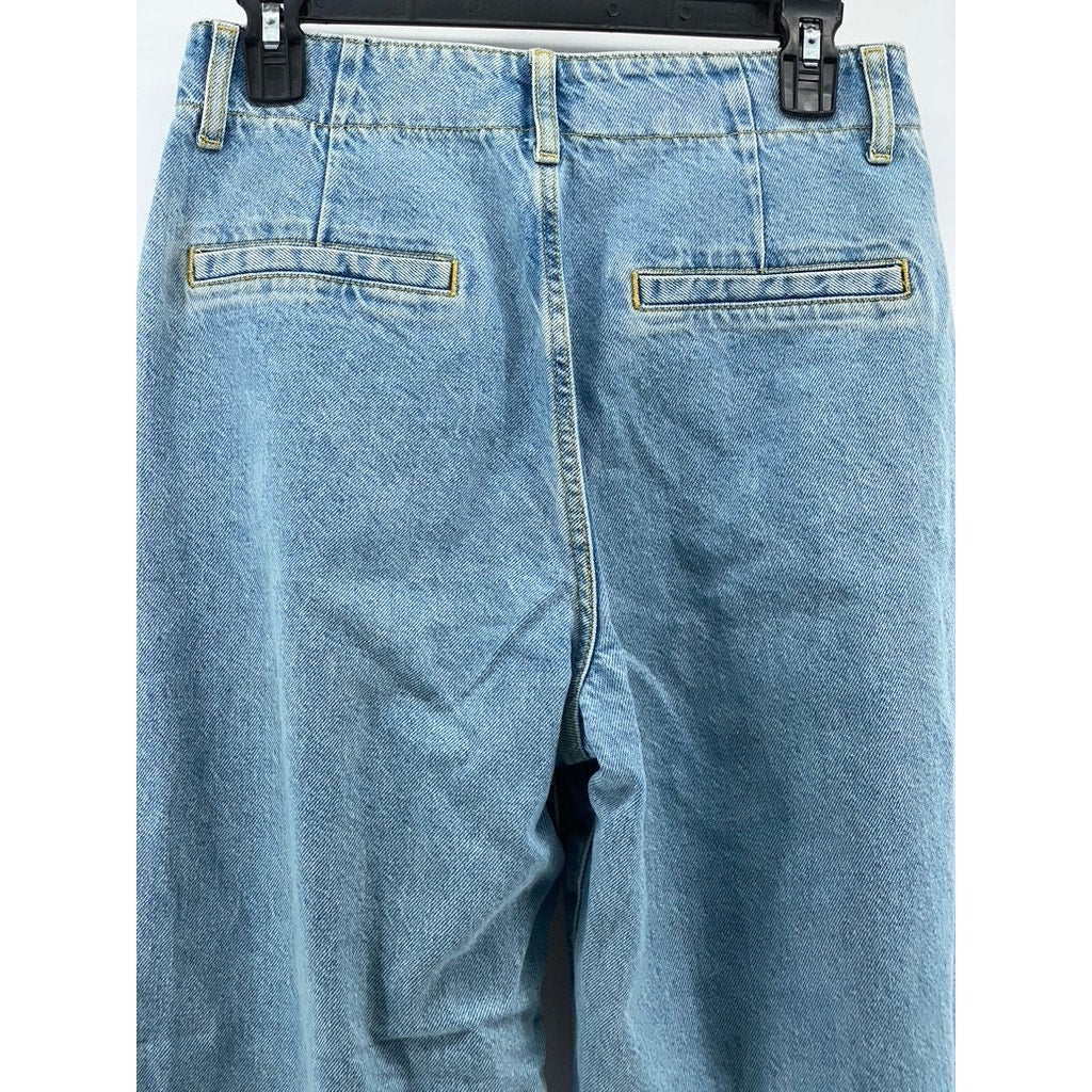 ZARA Women's Light Blue Wash Denim Button-Detail Pleated Relaxed-Fit Jean SZ 4