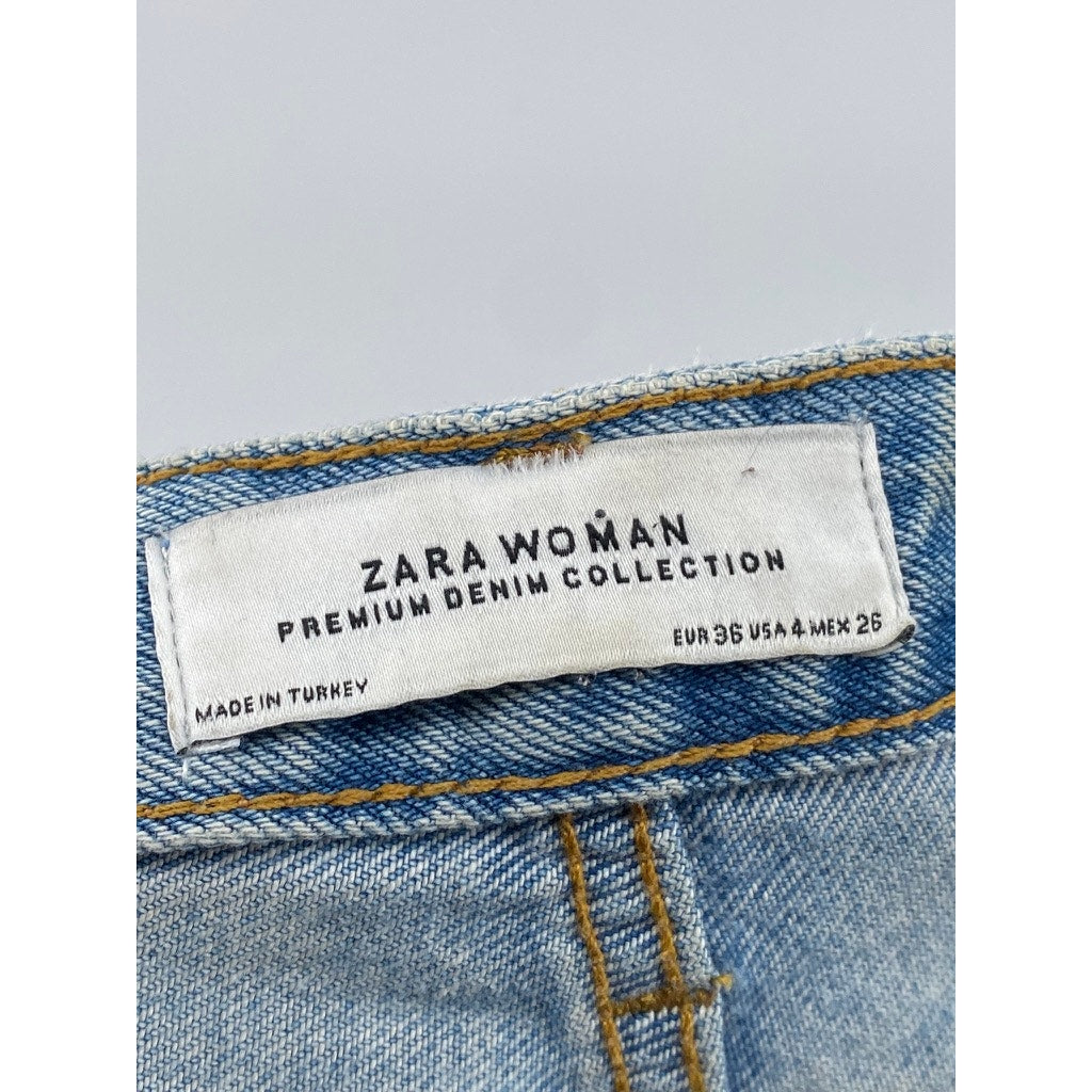 ZARA Women's Light Wash Blue Denim Straight-Leg Raw-Hem Five-Pocket Jeans SZ 4