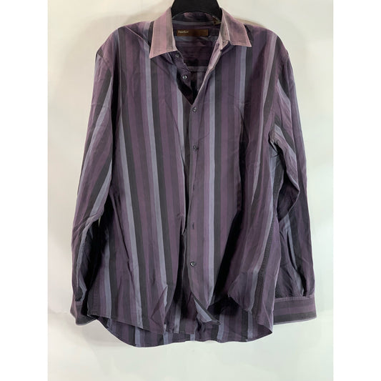 PERRY ELLIS Men's Purple Vintage Striped Regular-Fit Button-Up Shirt SZ L