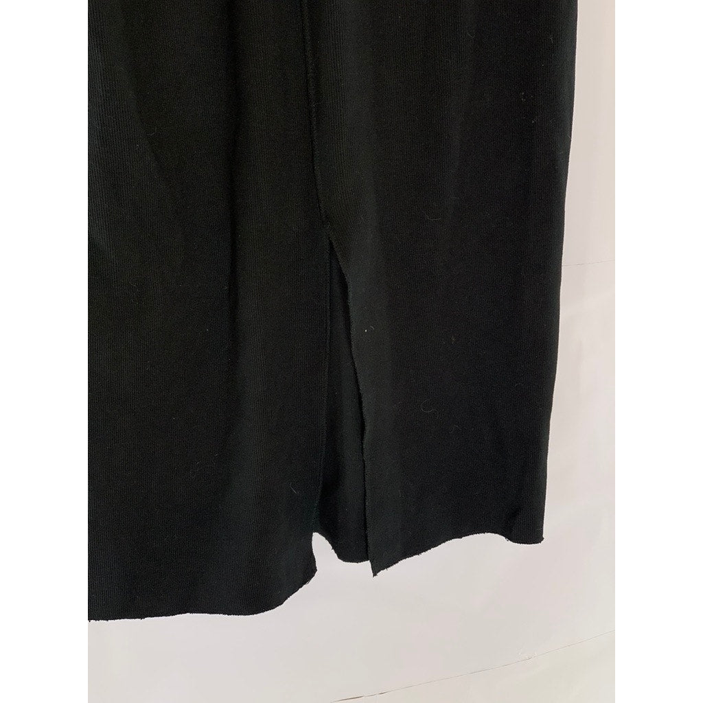 ZARA Women's Black Rib Knit Elasticized Waist Back-Slit Midi Skirt SZ L